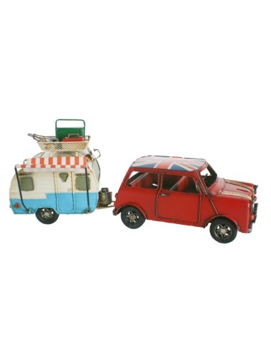 Réplica de Coche Mini Británico Color Rojo con Caravana Estilo Vintage  Decoración Hogar.